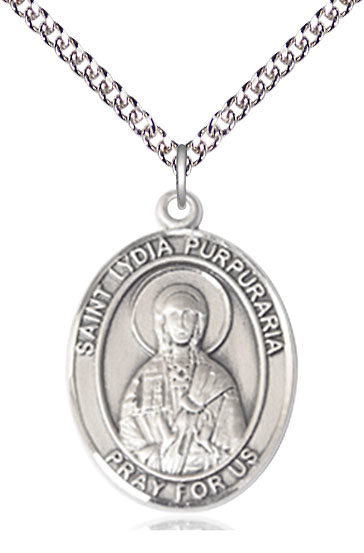 Sterling Silver Saint Lydia Purpuraria Pendant on a 24 inch Sterling Silver Heavy Curb chain