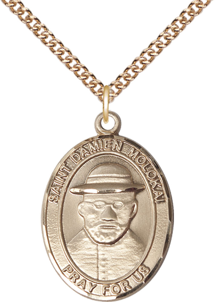 14kt Gold Filled Saint Damien of Molokai Pendant on a 24 inch Gold Filled Heavy Curb chain