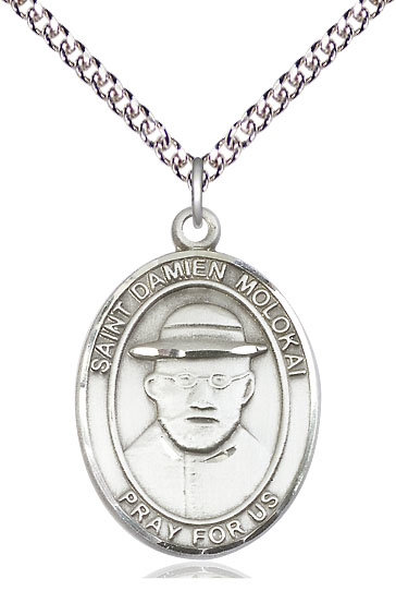 Sterling Silver Saint Damien of Molokai Pendant on a 24 inch Sterling Silver Heavy Curb chain