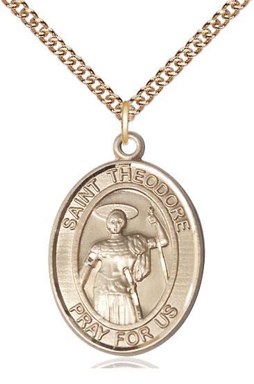 14kt Gold Filled Saint Theodore Stratelates Pendant on a 24 inch Gold Filled Heavy Curb chain