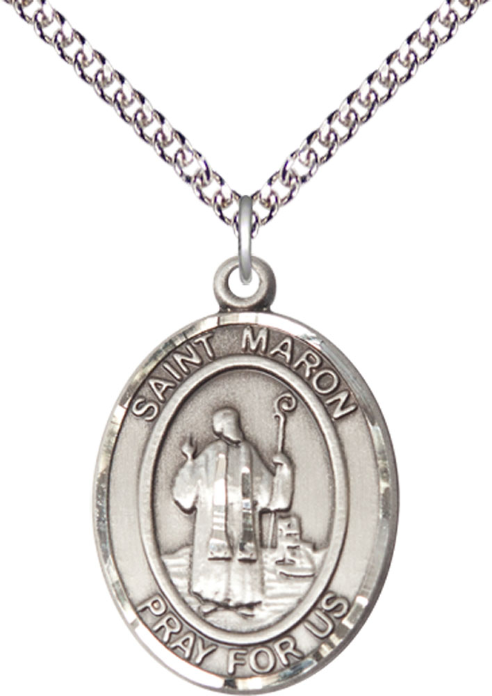 Sterling Silver Saint Maron Pendant on a 24 inch Sterling Silver Heavy Curb chain