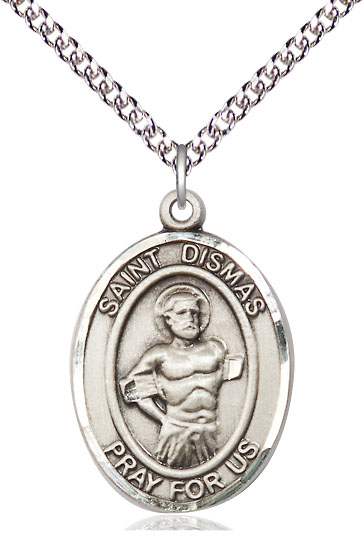 Sterling Silver Saint Dismas Pendant on a 24 inch Sterling Silver Heavy Curb chain