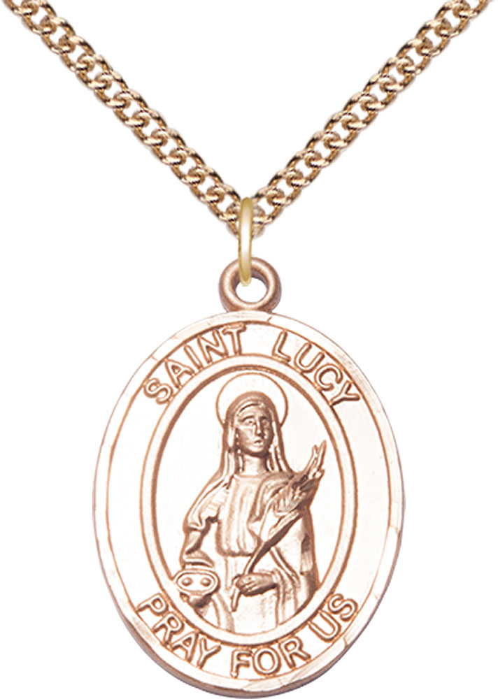 14kt Gold Filled Saint Lucy Pendant on a 24 inch Gold Filled Heavy Curb chain