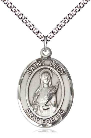 Sterling Silver Saint Lucy Pendant on a 24 inch Sterling Silver Heavy Curb chain