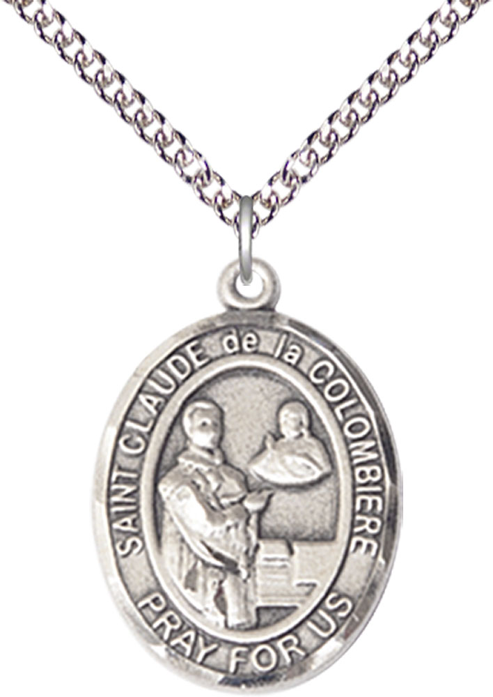 Sterling Silver Saint Claude de la Colombiere Pendant on a 24 inch Sterling Silver Heavy Curb chain