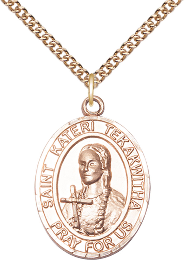 14kt Gold Filled Saint Kateri Tekakwitha Pendant on a 24 inch Gold Filled Heavy Curb chain
