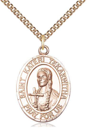 14kt Gold Filled Saint Kateri Tekakwitha Pendant on a 24 inch Gold Filled Heavy Curb chain