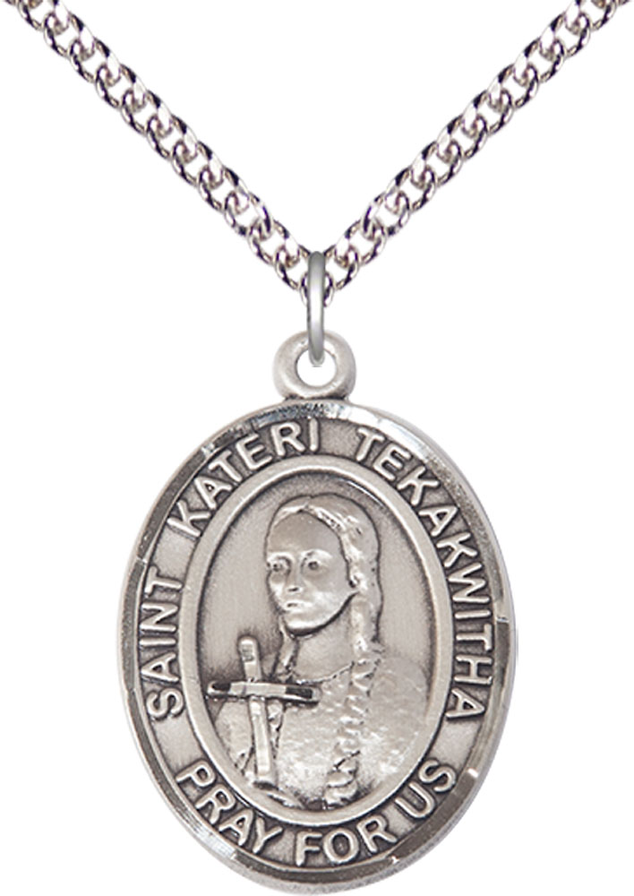 Sterling Silver Saint Kateri Tekakwitha Pendant on a 24 inch Sterling Silver Heavy Curb chain