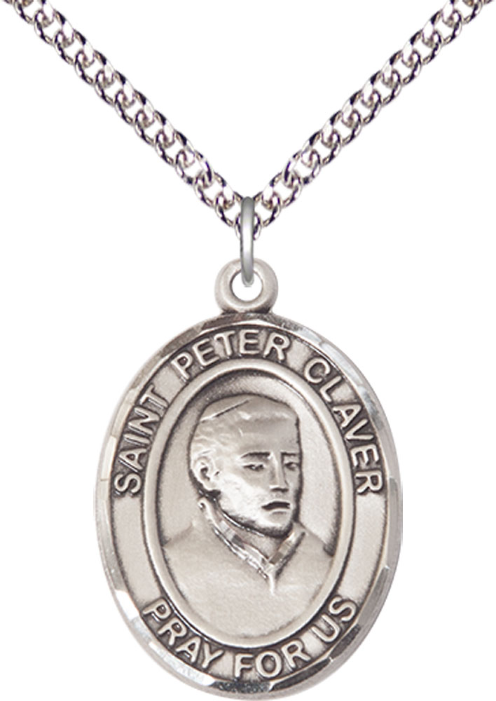 Sterling Silver Saint Peter Claver Pendant on a 24 inch Sterling Silver Heavy Curb chain