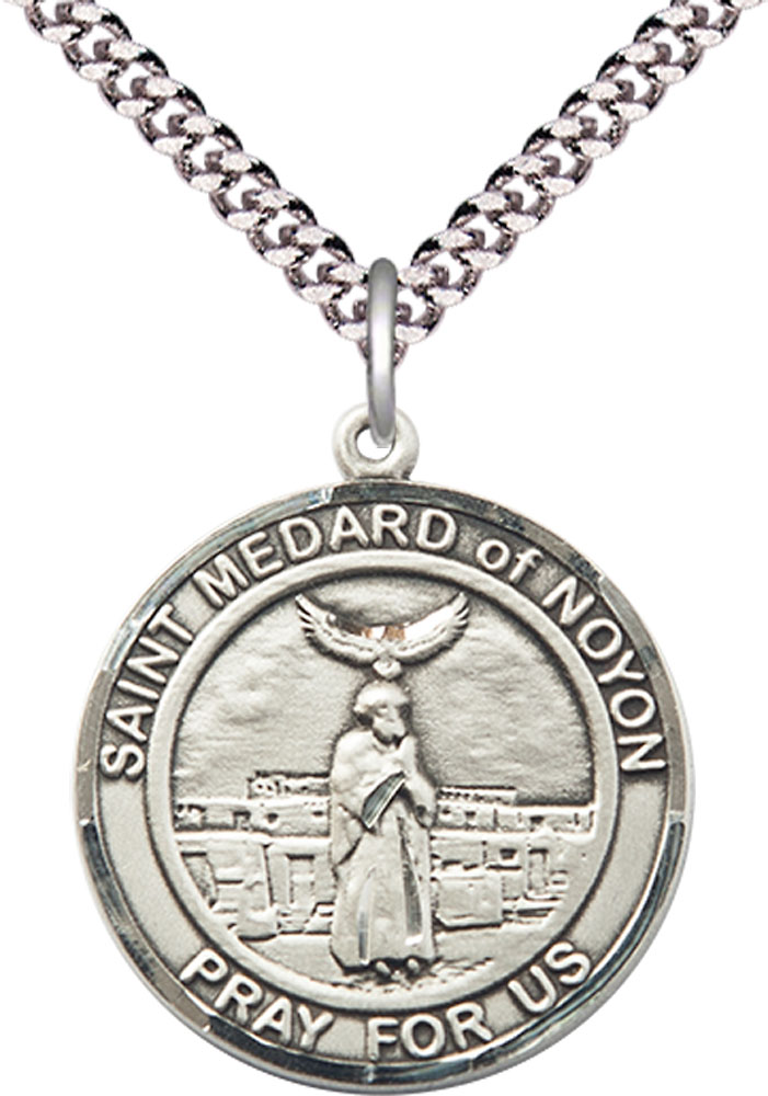 Sterling Silver Saint Medard of Noyon Pendant on a 24 inch Light Rhodium Heavy Curb chain
