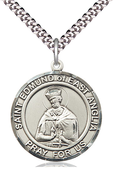 Sterling Silver Saint Edmund of East Anglia Pendant on a 24 inch Light Rhodium Heavy Curb chain