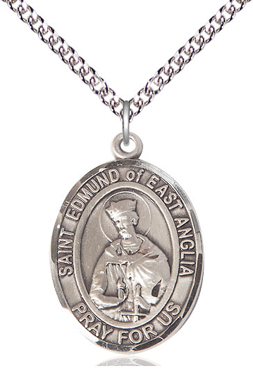 Sterling Silver Saint Edmund of East Anglia Pendant on a 24 inch Sterling Silver Heavy Curb chain