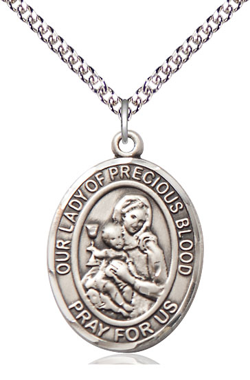 Sterling Silver Our Lady of the Precious Blood Pendant on a 24 inch Sterling Silver Heavy Curb chain