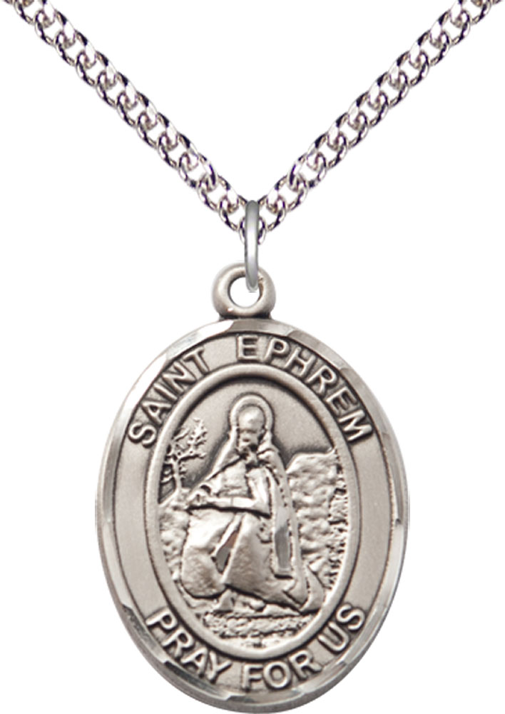 Sterling Silver Saint Ephrem Pendant on a 24 inch Sterling Silver Heavy Curb chain