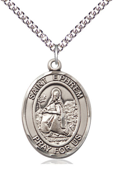 Sterling Silver Saint Ephrem Pendant on a 24 inch Sterling Silver Heavy Curb chain