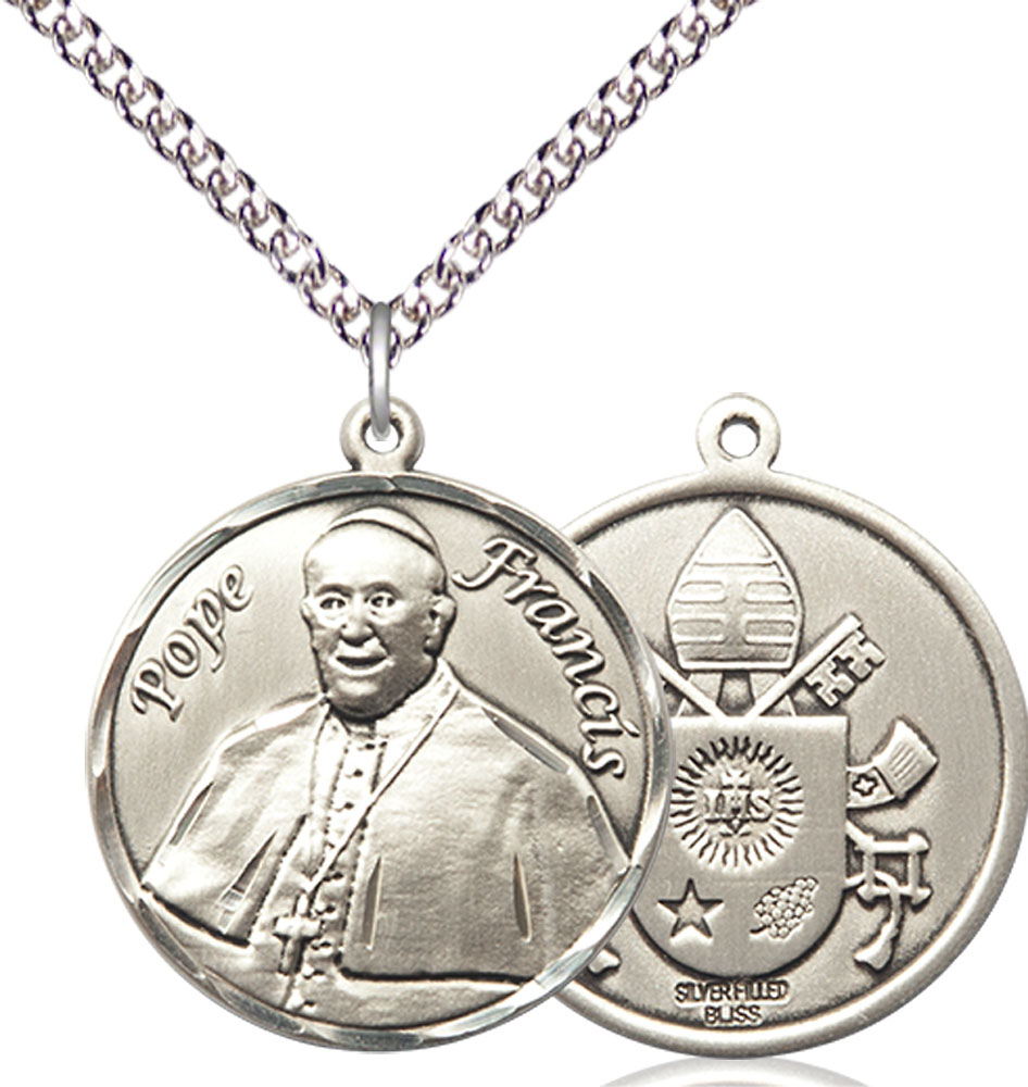 Sterling Silver Pope Francis Pendant on a 24 inch Sterling Silver Heavy Curb chain