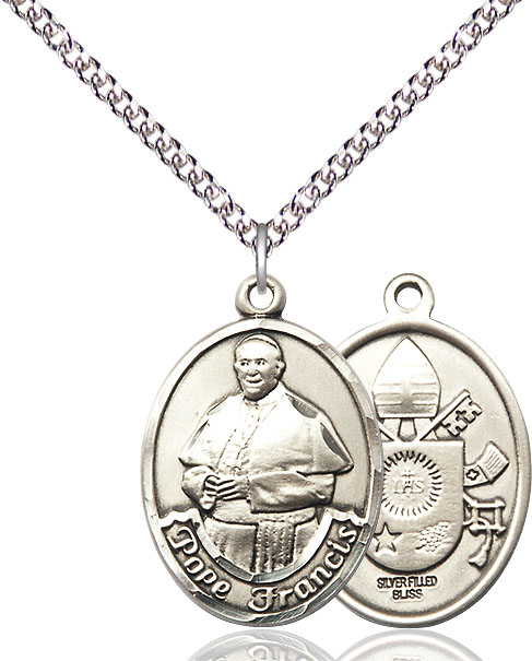Sterling Silver Pope Francis Pendant on a 24 inch Sterling Silver Heavy Curb chain