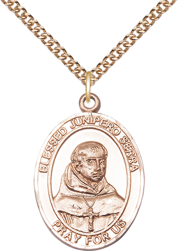 14kt Gold Filled Saint Junipero Serra Pendant on a 24 inch Gold Filled Heavy Curb chain