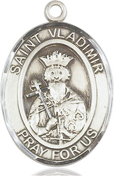 Sterling Silver Saint Vladimir Pendant on a 24 inch Sterling Silver Heavy Curb chain
