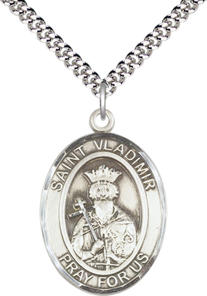 Sterling Silver Saint Vladimir Pendant on a 24 inch Sterling Silver Heavy Curb chain