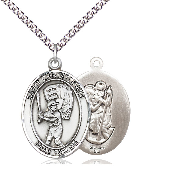 Sterling Silver Saint Christopher Baseball Pendant on a 24 inch Sterling Silver Heavy Curb chain