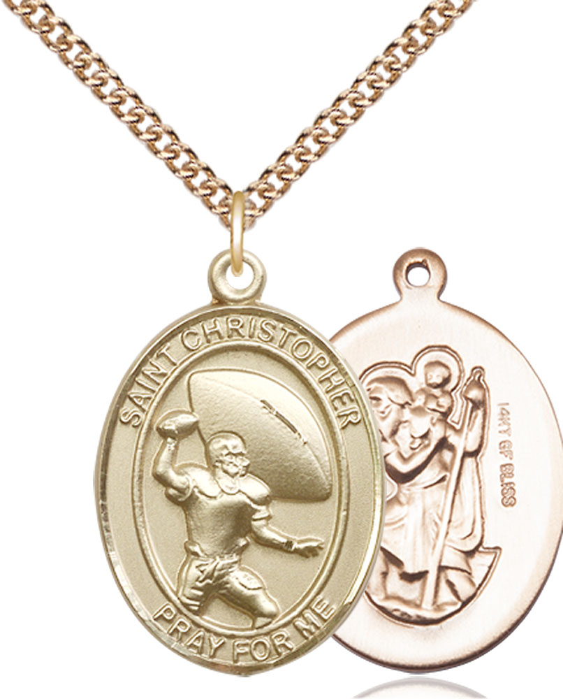 14kt Gold Filled Saint Christpher Football Pendant on a 24 inch Gold Filled Heavy Curb chain