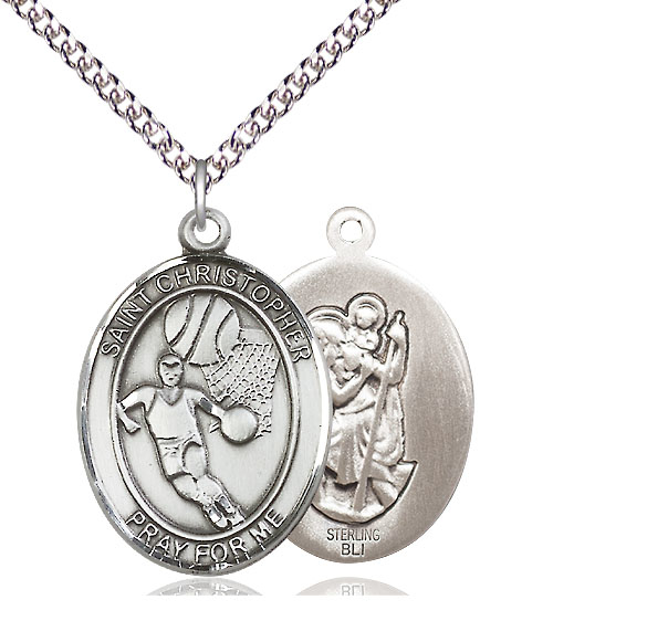 Sterling Silver Saint Christopher Basketball Pendant on a 24 inch Sterling Silver Heavy Curb chain