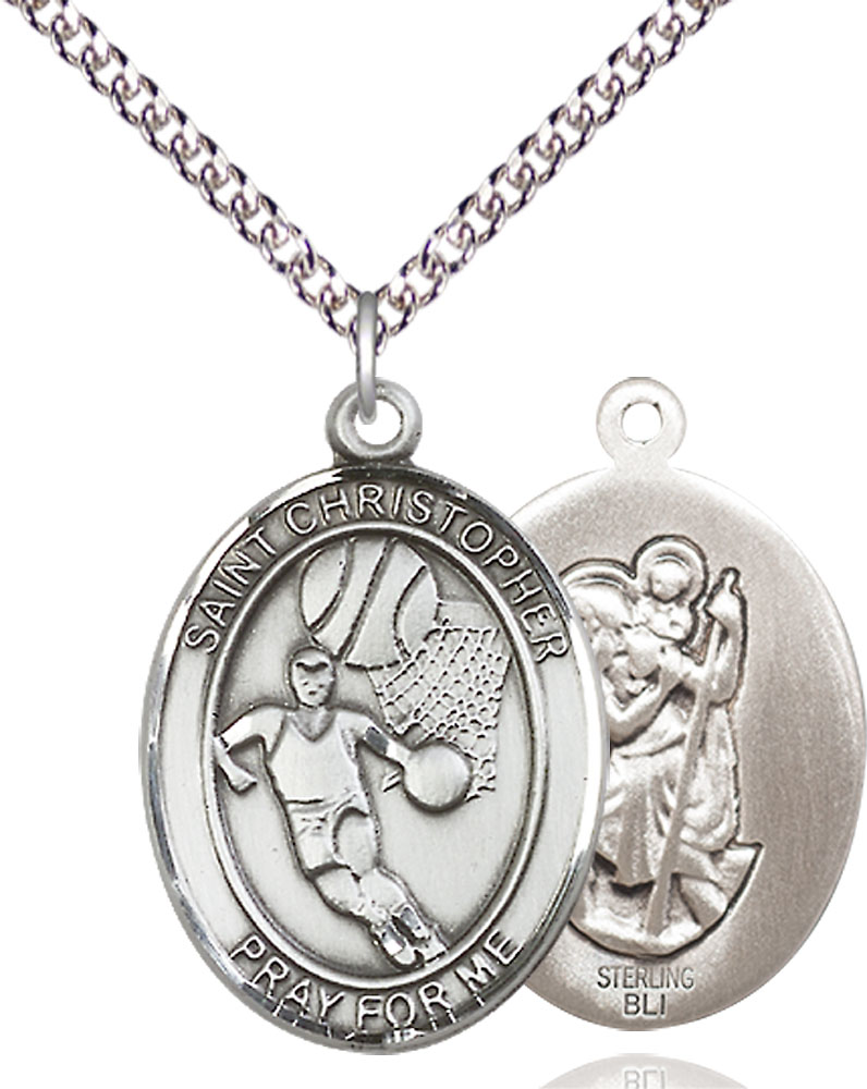 Sterling Silver Saint Christopher Basketball Pendant on a 24 inch Sterling Silver Heavy Curb chain