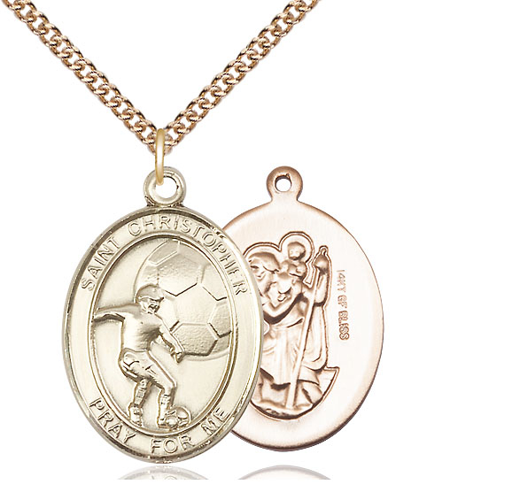 14kt Gold Filled Saint Christopher Soccer Pendant on a 24 inch Gold Filled Heavy Curb chain
