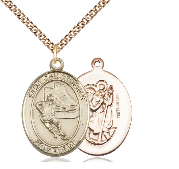 14kt Gold Filled Saint Christopher Hockey Pendant on a 24 inch Gold Filled Heavy Curb chain