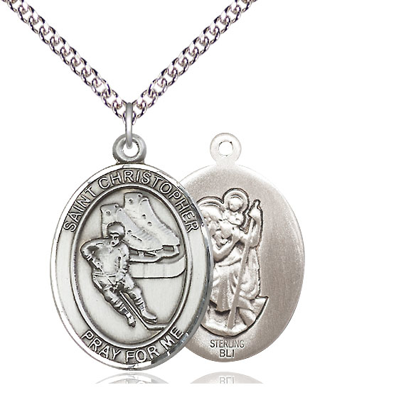 Sterling Silver Saint Christopher Hockey Pendant on a 24 inch Sterling Silver Heavy Curb chain
