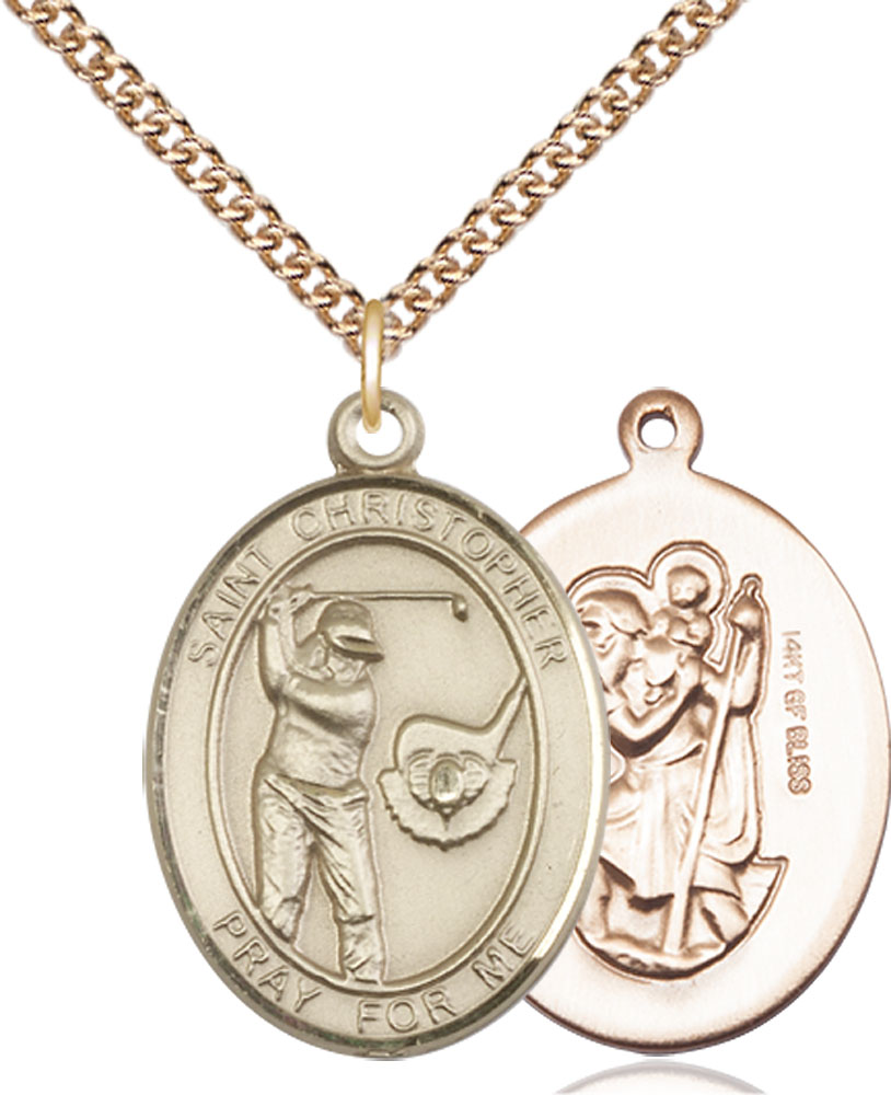 14kt Gold Filled Saint Christopher Golf Pendant on a 24 inch Gold Filled Heavy Curb chain