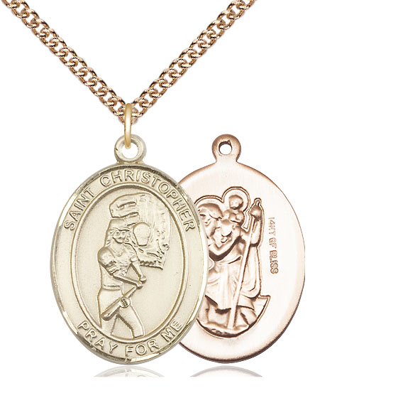 14kt Gold Filled Saint Christopher Softball Pendant on a 24 inch Gold Filled Heavy Curb chain