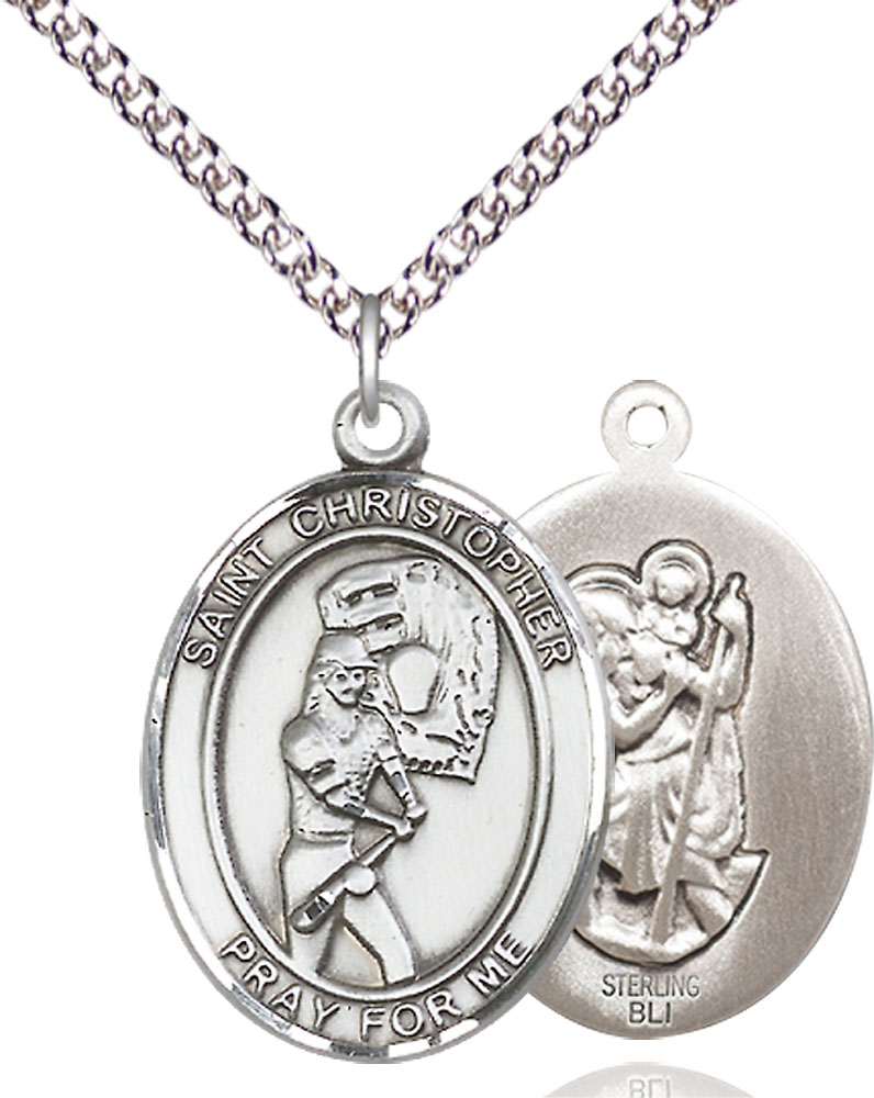 Sterling Silver Saint Christopher Softball Pendant on a 24 inch Sterling Silver Heavy Curb chain