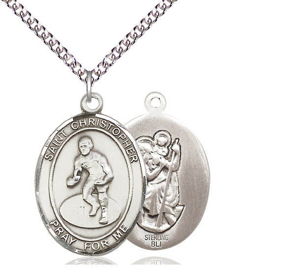 Sterling Silver Saint Christopher Wrestling Pendant on a 24 inch Sterling Silver Heavy Curb chain