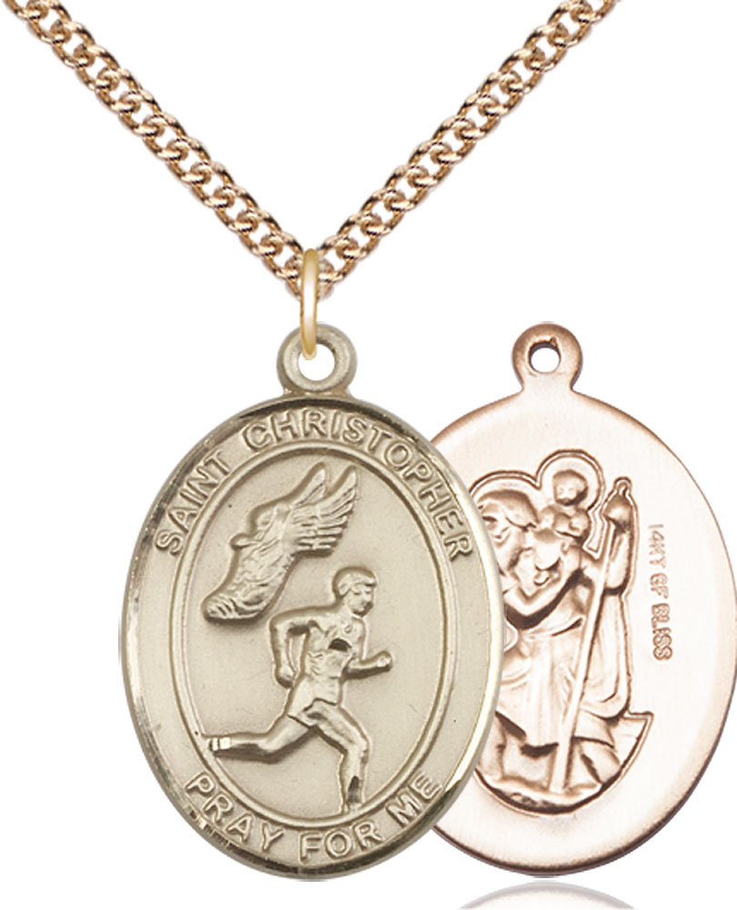 14kt Gold Filled Saint Christopher Track&amp;Field Pendant on a 24 inch Gold Filled Heavy Curb chain