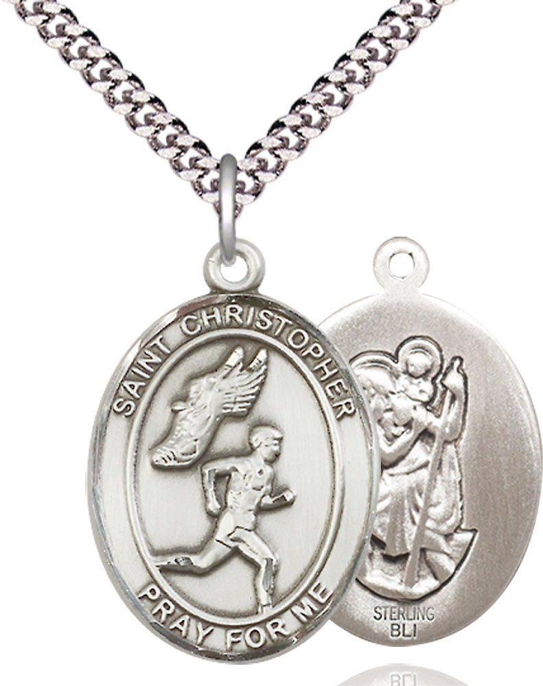 Sterling Silver Saint Christopher Track&amp;Field Pendant on a 24 inch Light Rhodium Heavy Curb chain