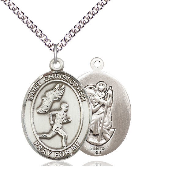 Sterling Silver Saint Christopher Track&amp;Field Pendant on a 24 inch Sterling Silver Heavy Curb chain