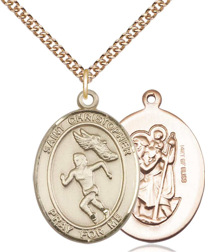 14kt Gold Filled Saint Christopher Track&amp;Field Pendant on a 24 inch Gold Filled Heavy Curb chain
