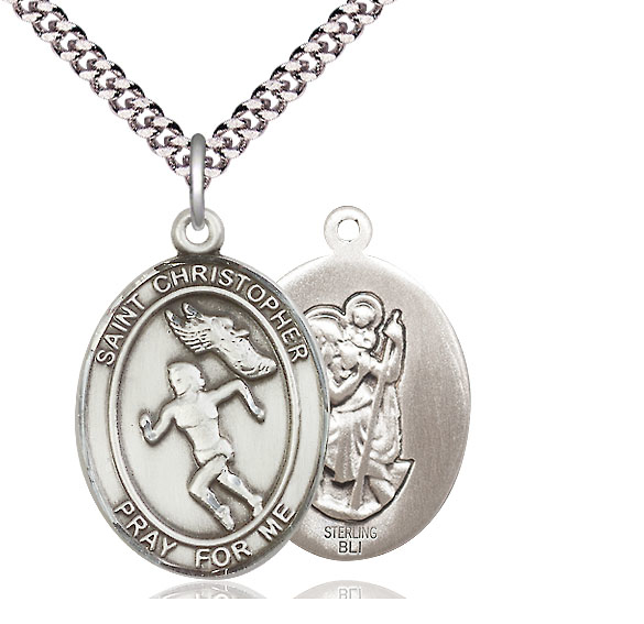 Sterling Silver Saint Christopher Track&amp;Field Pendant on a 24 inch Light Rhodium Heavy Curb chain