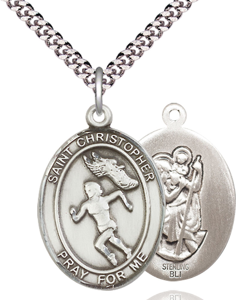 Sterling Silver Saint Christopher Track&amp;Field Pendant on a 24 inch Light Rhodium Heavy Curb chain