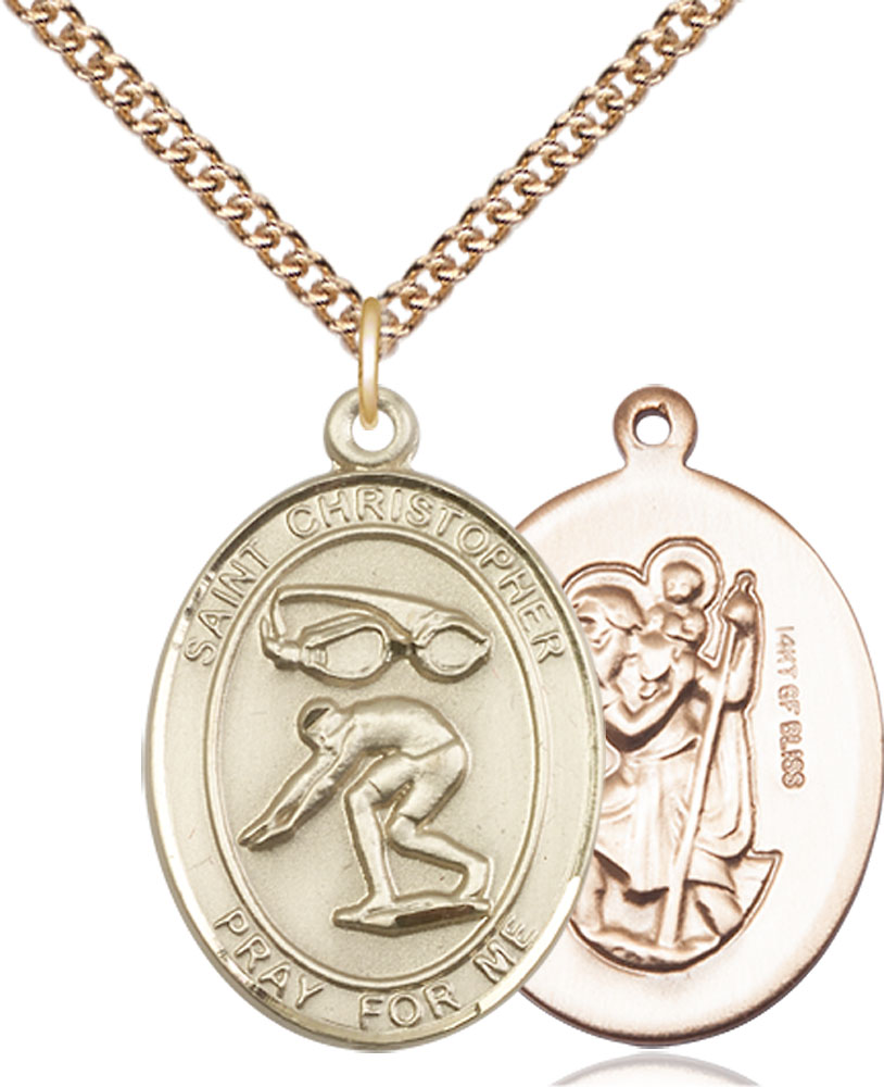 14kt Gold Filled Saint Christopher Swimming Pendant on a 24 inch Gold Filled Heavy Curb chain
