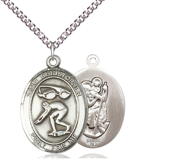 Sterling Silver Saint Christopher Swimming Pendant on a 24 inch Sterling Silver Heavy Curb chain