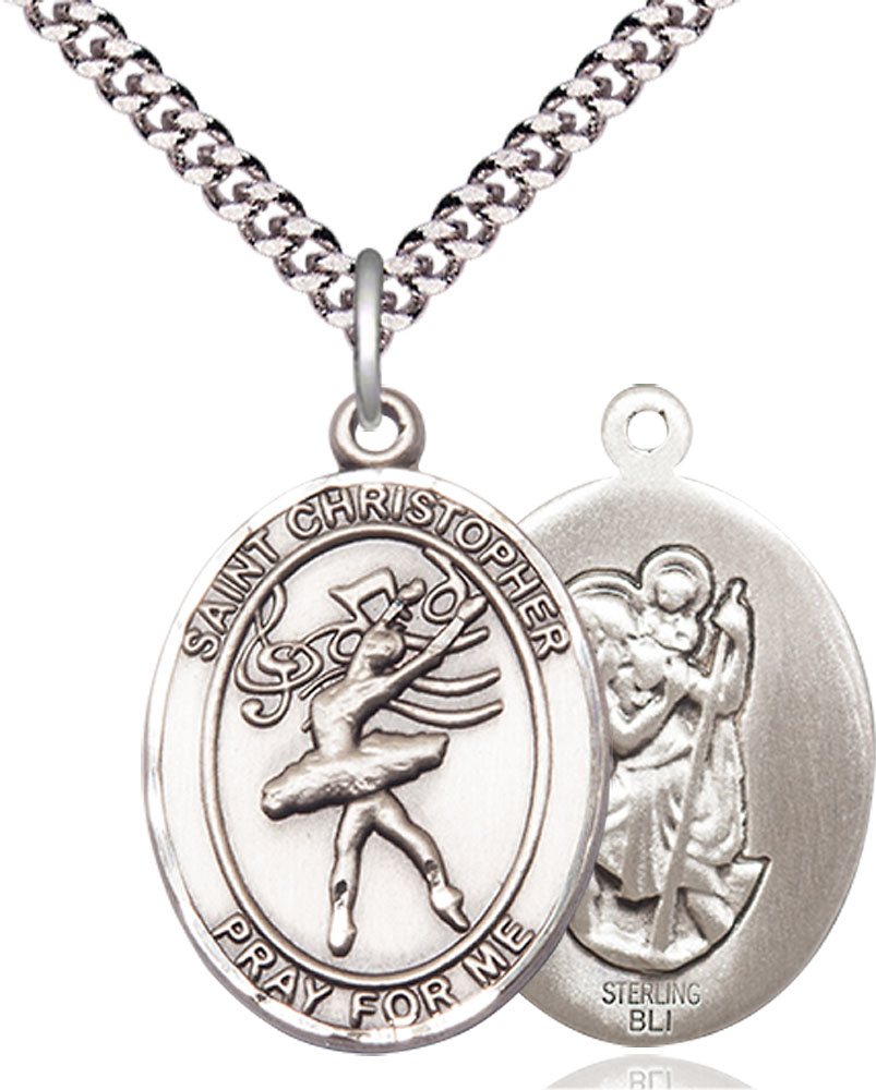 Sterling Silver Saint Christopher Dance Pendant on a 24 inch Light Rhodium Heavy Curb chain