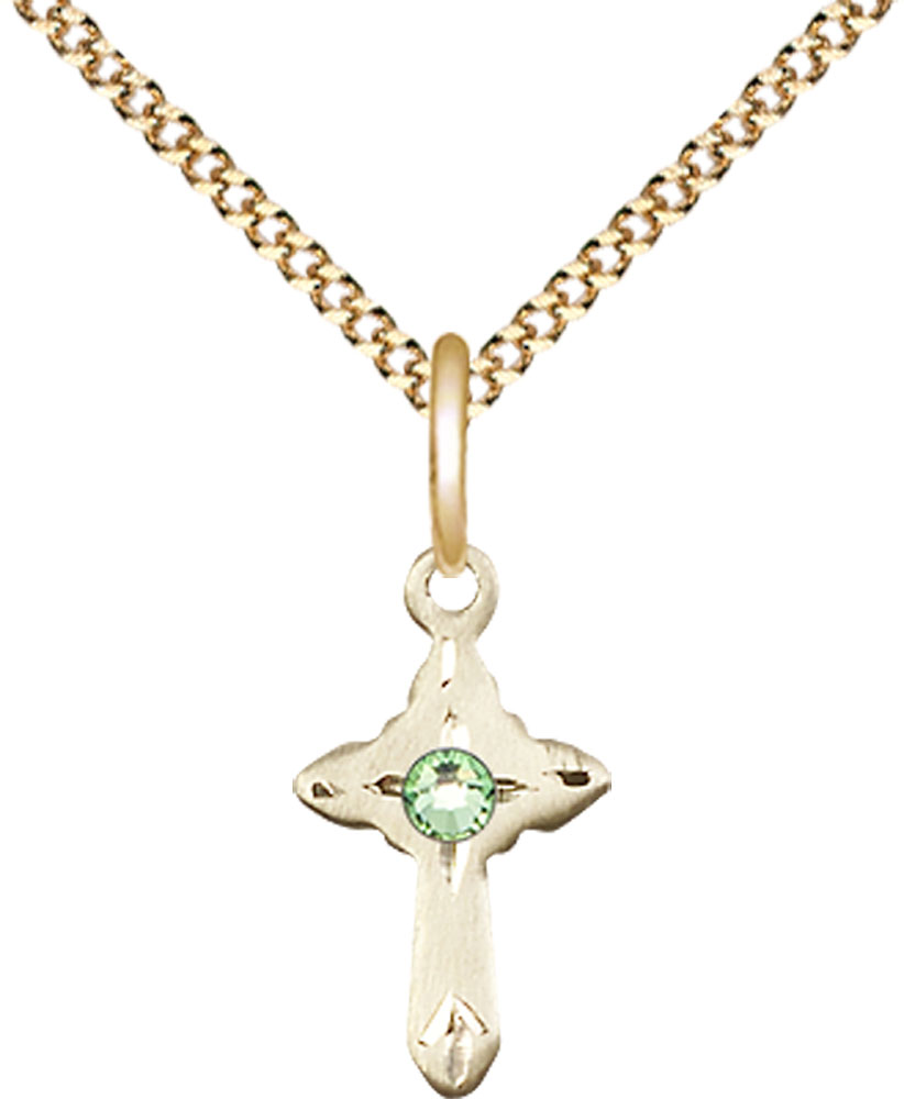 14kt Gold Filled Cross Pendant with a 3mm Peridot Swarovski stone on a 18 inch Gold Plate Light Curb chain