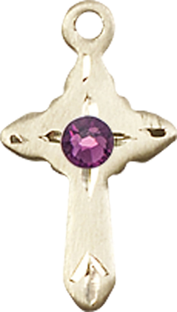 14kt Gold Cross Medal with a 3mm Amethyst Swarovski stone