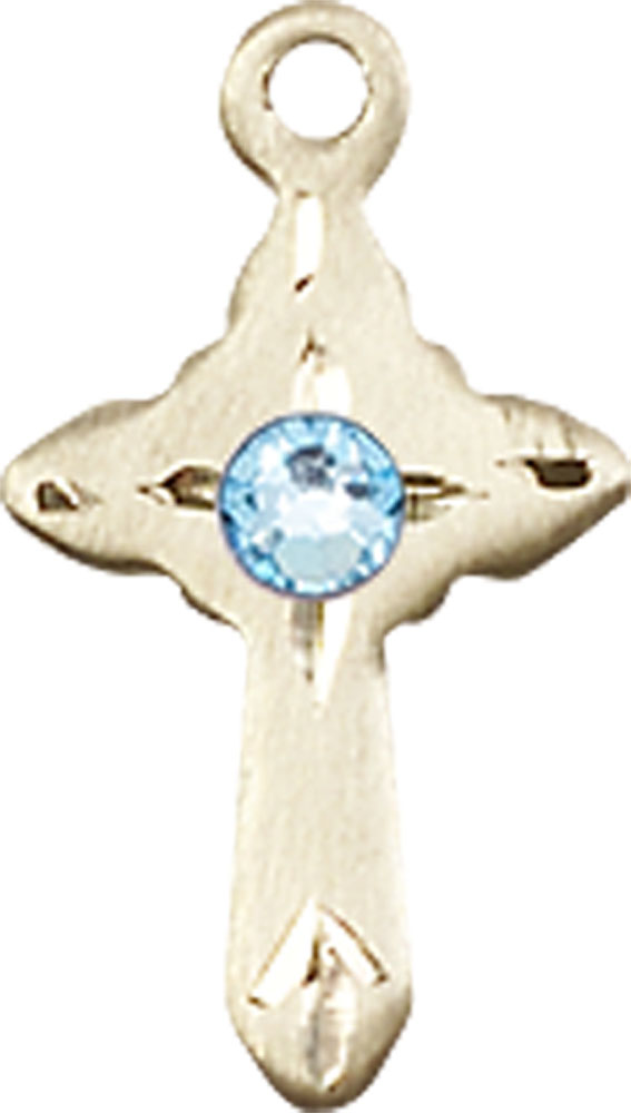 14kt Gold Cross Medal with a 3mm Aqua Swarovski stone