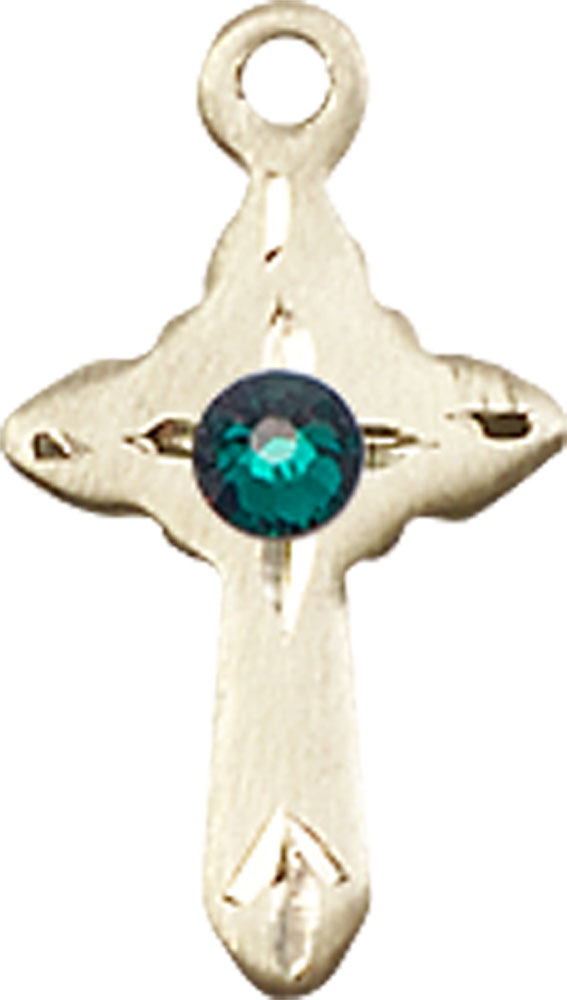 14kt Gold Cross Medal with a 3mm Emerald Swarovski stone