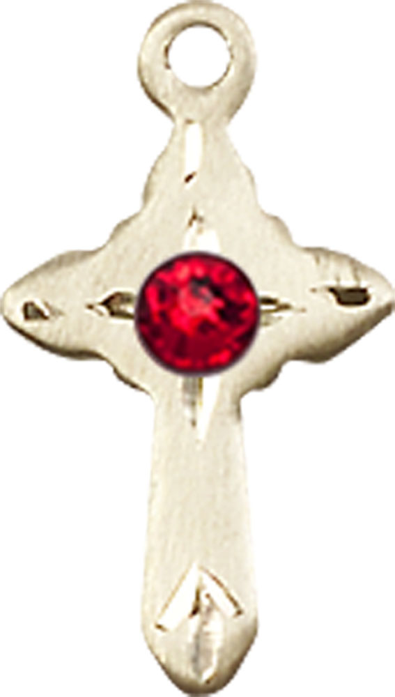 14kt Gold Cross Medal with a 3mm Ruby Swarovski stone