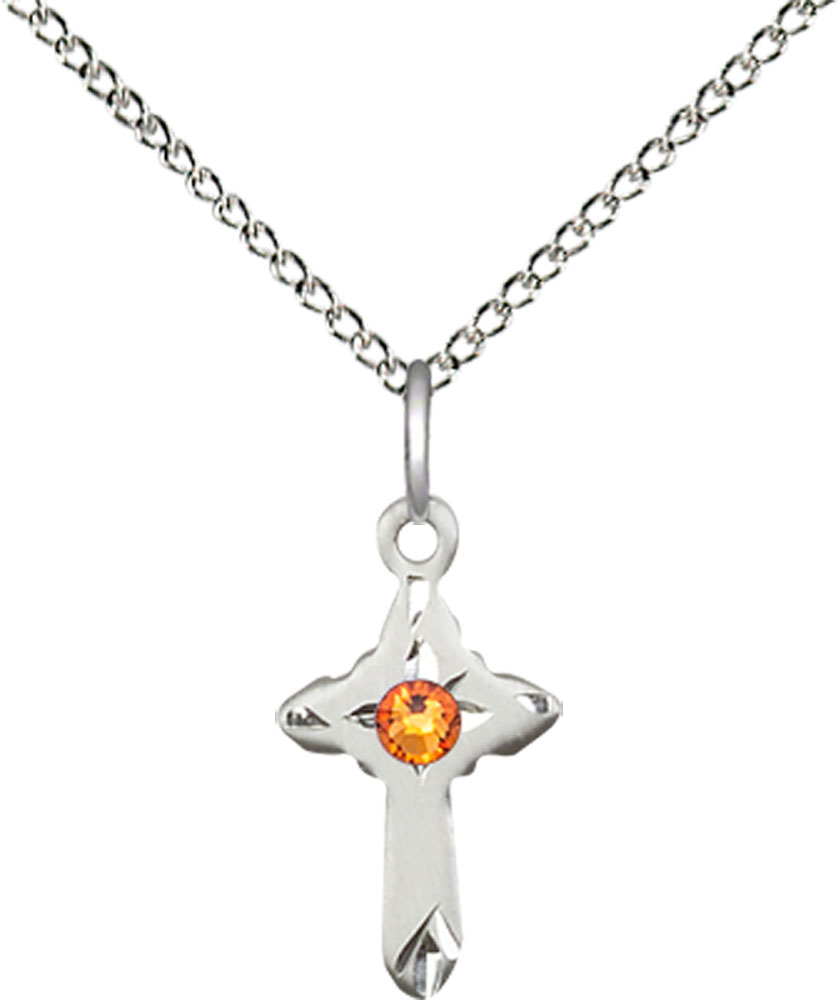 Sterling Silver Cross Pendant with a 3mm Topaz Swarovski stone on a 18 inch Sterling Silver Light Curb chain